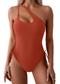 Eomenie Womens One Piece One Shoulder Swimsuit with Drawstring Tummy Control Bathing Suit Sexy High Cut Swim Suits Brown